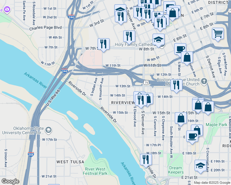 map of restaurants, bars, coffee shops, grocery stores, and more near in Tulsa