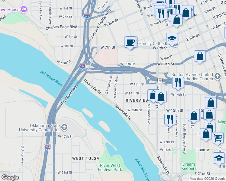 map of restaurants, bars, coffee shops, grocery stores, and more near 1332 South Houston Avenue in Tulsa