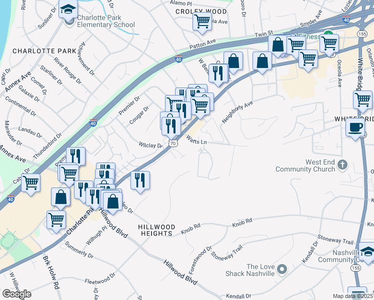 map of restaurants, bars, coffee shops, grocery stores, and more near 845 Watts Lane in Nashville