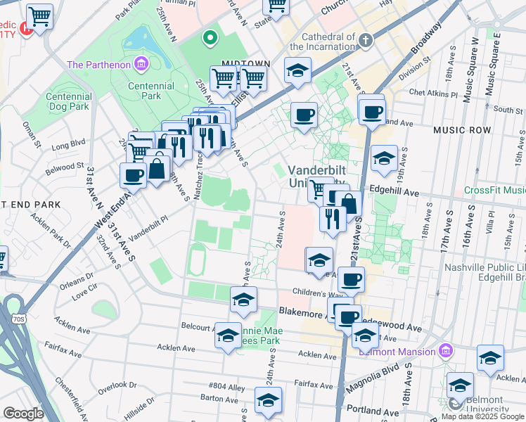 map of restaurants, bars, coffee shops, grocery stores, and more near 2414 Highland Avenue in Nashville