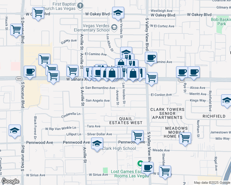 map of restaurants, bars, coffee shops, grocery stores, and more near 2528 Arenas Street in Las Vegas