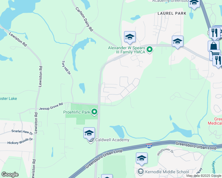 map of restaurants, bars, coffee shops, grocery stores, and more near 4012 Canterwood Drive in Greensboro