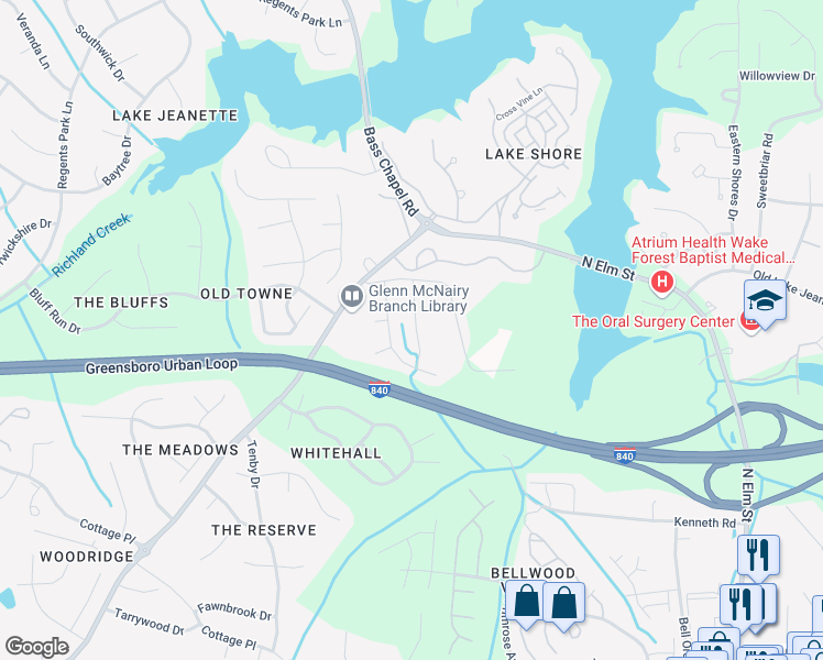 map of restaurants, bars, coffee shops, grocery stores, and more near 4725 Tuliptree Drive in Greensboro