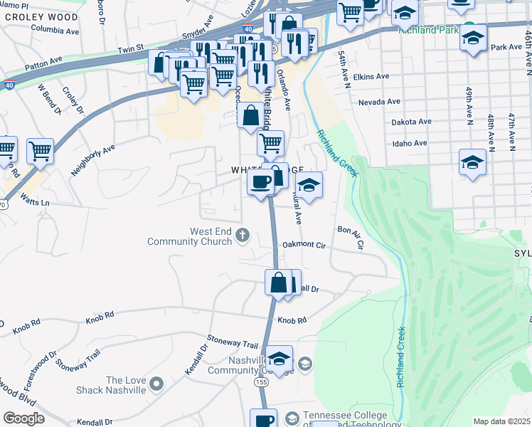 map of restaurants, bars, coffee shops, grocery stores, and more near 261 White Bridge Pike in Nashville
