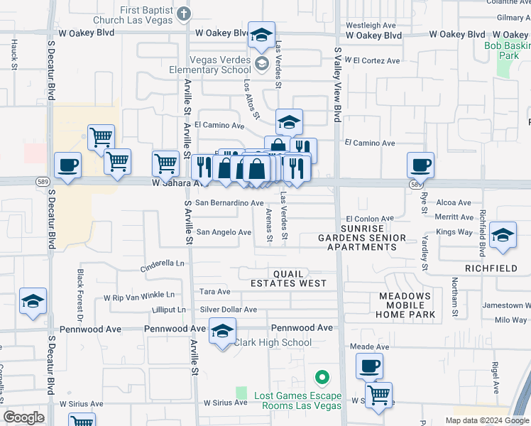 map of restaurants, bars, coffee shops, grocery stores, and more near 2528 Arenas Street in Las Vegas