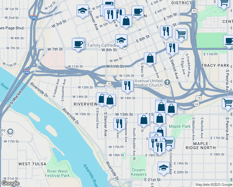 map of restaurants, bars, coffee shops, grocery stores, and more near 1316 South Carson Avenue in Tulsa