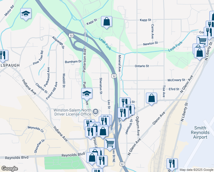 map of restaurants, bars, coffee shops, grocery stores, and more near 4008 Leo Street in Winston-Salem