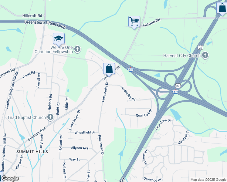 map of restaurants, bars, coffee shops, grocery stores, and more near 2602 Assembly Road in Greensboro