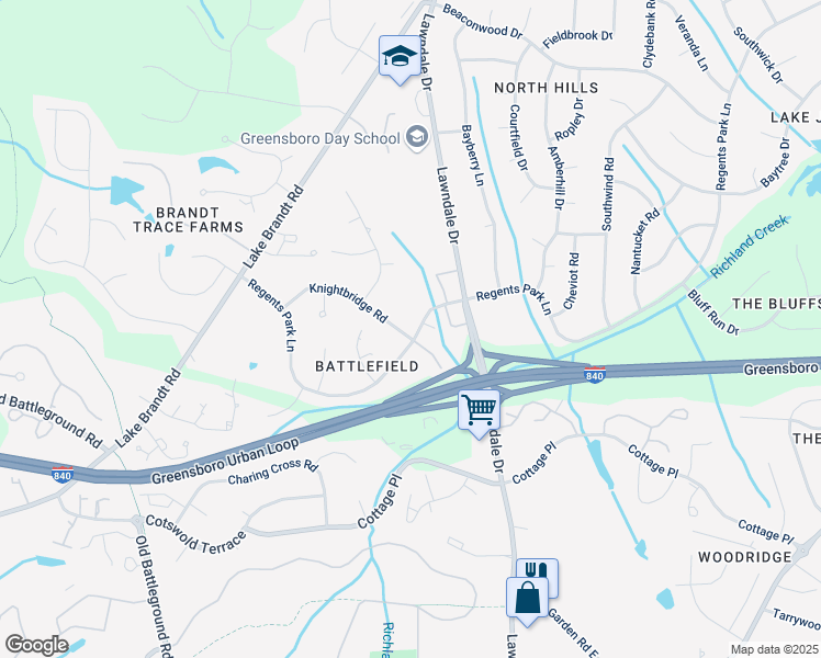 map of restaurants, bars, coffee shops, grocery stores, and more near 4627 Knightbridge Road in Greensboro