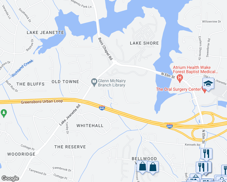 map of restaurants, bars, coffee shops, grocery stores, and more near 4714 Tuliptree Drive in Greensboro