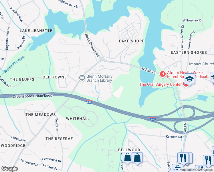 map of restaurants, bars, coffee shops, grocery stores, and more near 823 Roberson Comer Road in Greensboro