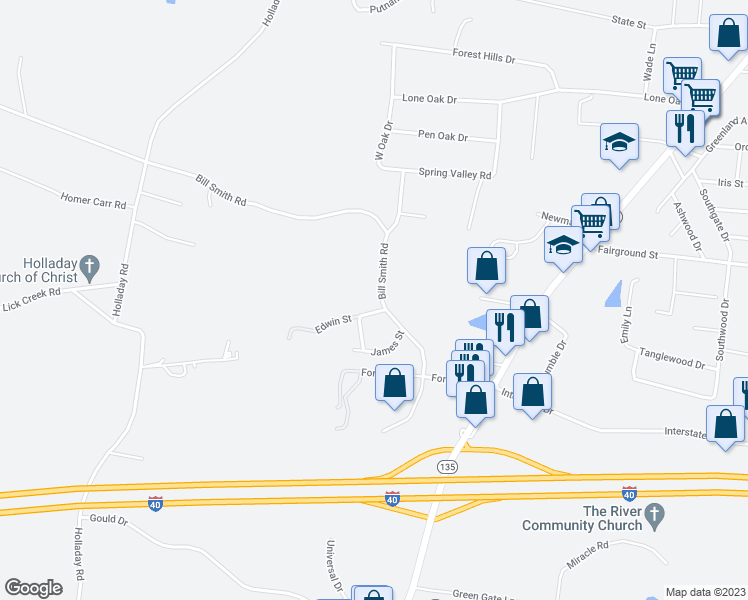 map of restaurants, bars, coffee shops, grocery stores, and more near 896 Bill Smith Road in Cookeville