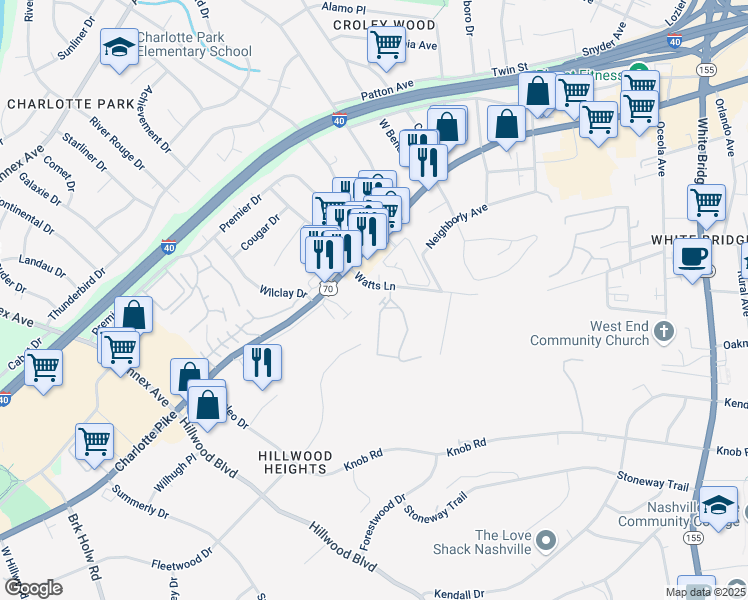 map of restaurants, bars, coffee shops, grocery stores, and more near 845 Watts Lane in Nashville