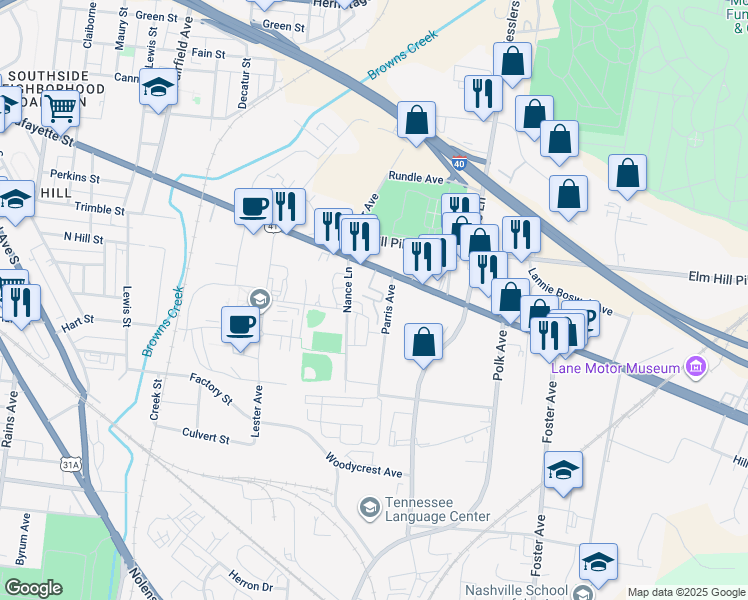 map of restaurants, bars, coffee shops, grocery stores, and more near 411 Murfreesboro Pike in Nashville