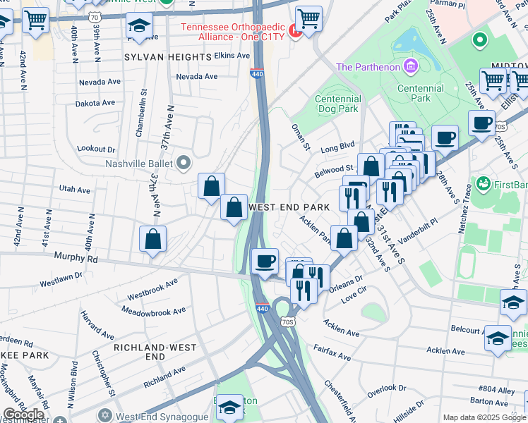 map of restaurants, bars, coffee shops, grocery stores, and more near 3500 Wrenwood Drive in Nashville