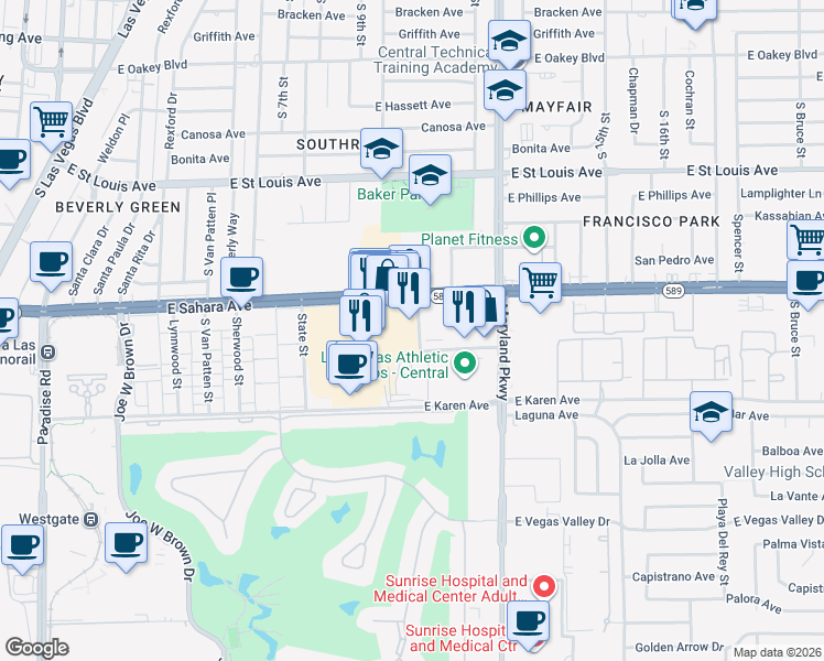 map of restaurants, bars, coffee shops, grocery stores, and more near 2588 Market Street in Las Vegas