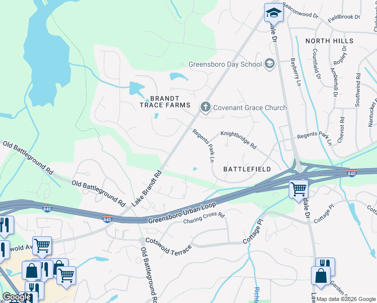 map of restaurants, bars, coffee shops, grocery stores, and more near 26 Milpond Lane in Greensboro