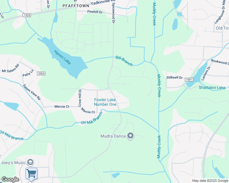 map of restaurants, bars, coffee shops, grocery stores, and more near 2651 Spicewood Drive in Winston-Salem