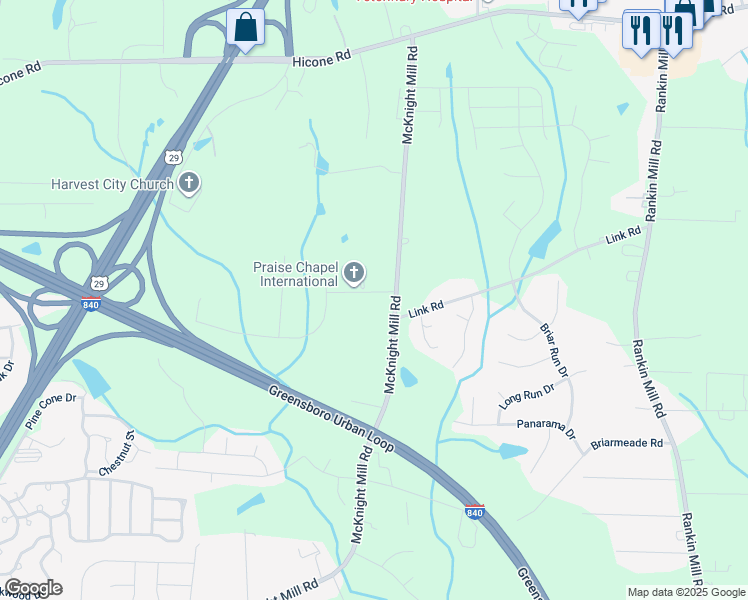 map of restaurants, bars, coffee shops, grocery stores, and more near 3602 Canaan Forest Drive in Greensboro