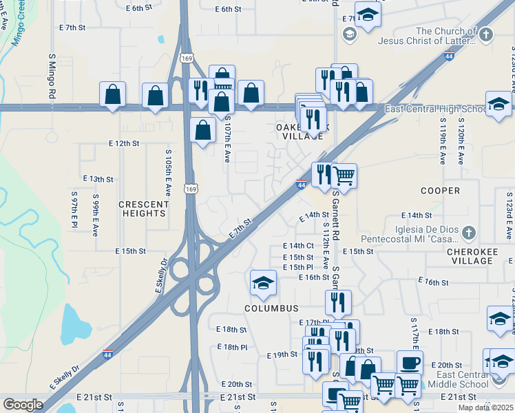 map of restaurants, bars, coffee shops, grocery stores, and more near 1444 South 107th East Avenue in Tulsa