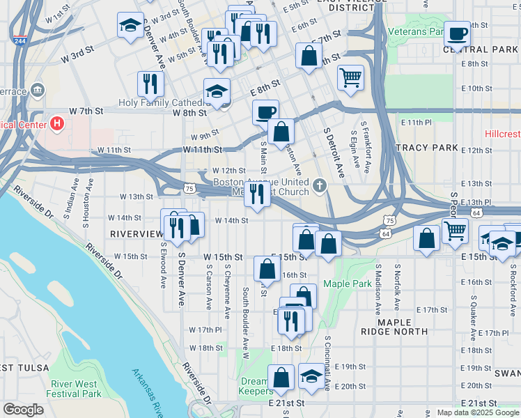 map of restaurants, bars, coffee shops, grocery stores, and more near 1314 South Main Street in Tulsa