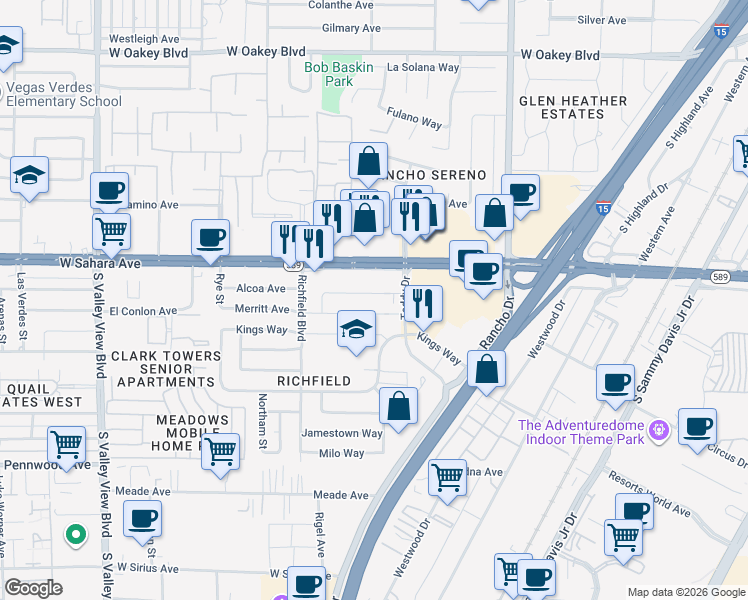map of restaurants, bars, coffee shops, grocery stores, and more near 2721 Alcoa Avenue in Las Vegas