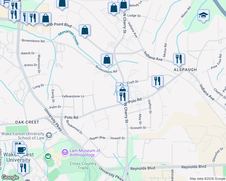 map of restaurants, bars, coffee shops, grocery stores, and more near 520 Specialty Park Drive in Winston-Salem