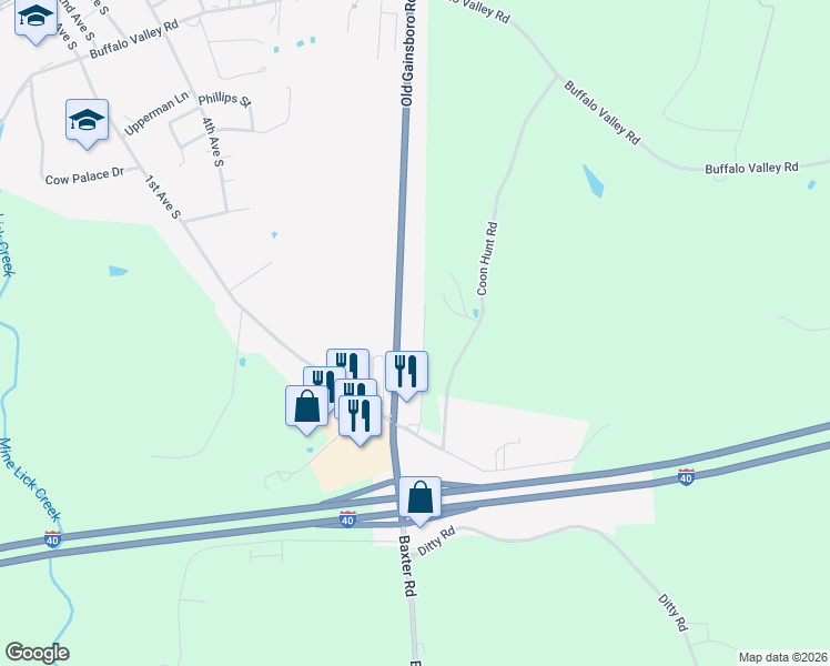 map of restaurants, bars, coffee shops, grocery stores, and more near 140 Dale Mires Lane in Baxter