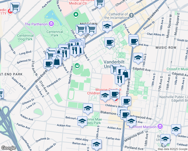 map of restaurants, bars, coffee shops, grocery stores, and more near 1212 25th Avenue South in Nashville