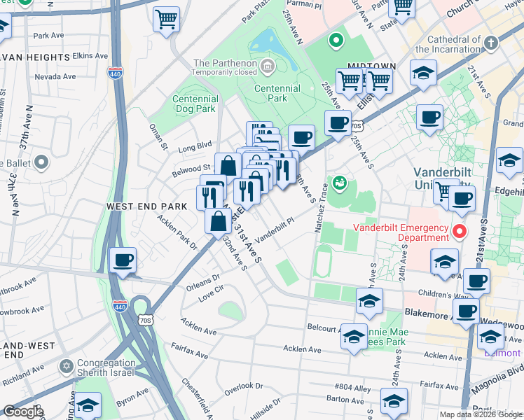 map of restaurants, bars, coffee shops, grocery stores, and more near 117 30th Avenue South in Nashville