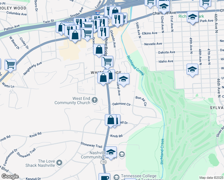 map of restaurants, bars, coffee shops, grocery stores, and more near 261 White Bridge Pike in Nashville
