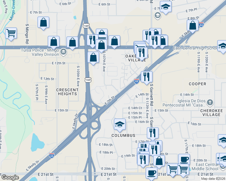 map of restaurants, bars, coffee shops, grocery stores, and more near 1408 South 107th East Avenue in Tulsa