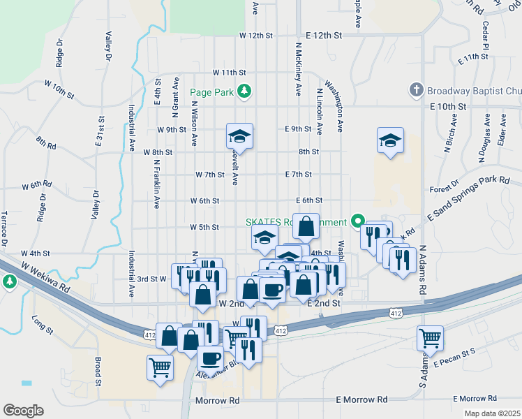 map of restaurants, bars, coffee shops, grocery stores, and more near 519 North Garfield Avenue in Sand Springs