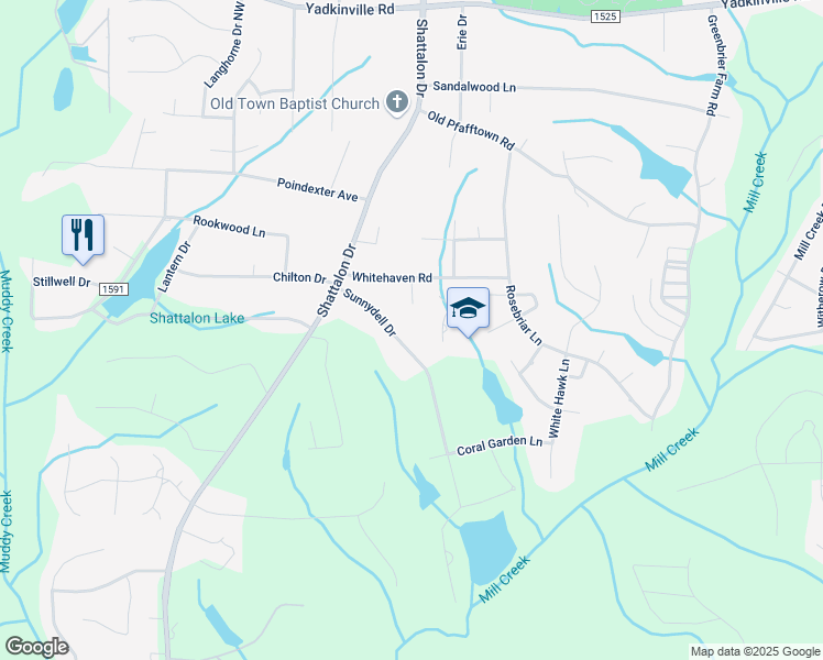 map of restaurants, bars, coffee shops, grocery stores, and more near 4272 Sunnydell Drive in Winston-Salem