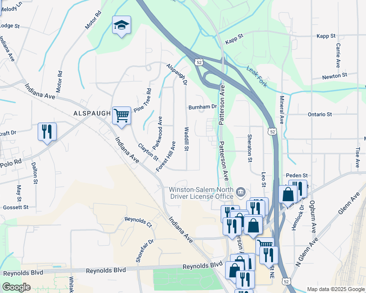 map of restaurants, bars, coffee shops, grocery stores, and more near 3915 Waddill Street in Winston-Salem