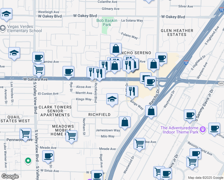 map of restaurants, bars, coffee shops, grocery stores, and more near 2805 Alcoa Avenue in Las Vegas