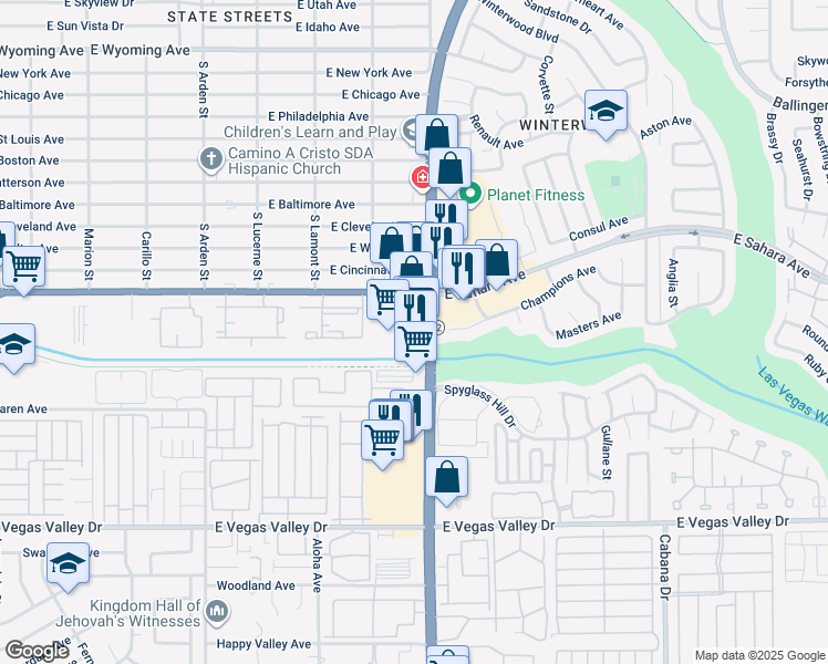 map of restaurants, bars, coffee shops, grocery stores, and more near 2599 South Nellis Boulevard in Las Vegas