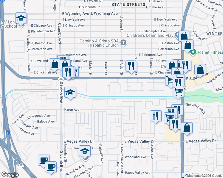 map of restaurants, bars, coffee shops, grocery stores, and more near 4555 East Sahara Avenue in Las Vegas