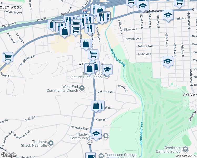 map of restaurants, bars, coffee shops, grocery stores, and more near 276 White Bridge Pike in Nashville