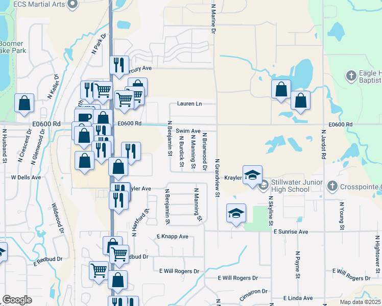 map of restaurants, bars, coffee shops, grocery stores, and more near 2112 North Manning Street in Stillwater