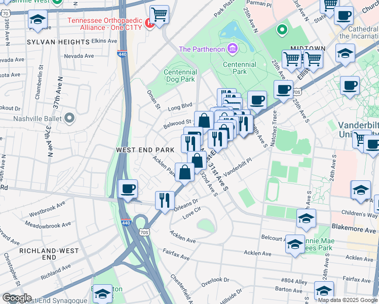 map of restaurants, bars, coffee shops, grocery stores, and more near 3100 West End Avenue in Nashville