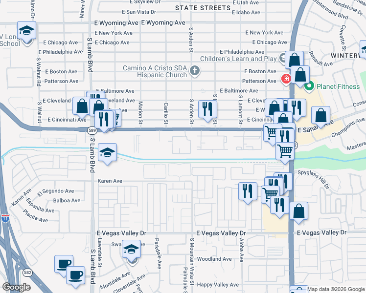 map of restaurants, bars, coffee shops, grocery stores, and more near 4555 East Sahara Avenue in Las Vegas