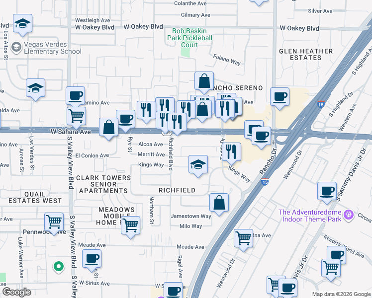 map of restaurants, bars, coffee shops, grocery stores, and more near 2821 Merritt Avenue in Las Vegas