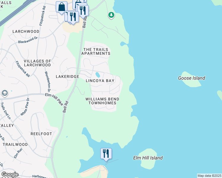 map of restaurants, bars, coffee shops, grocery stores, and more near 1802 Lincoya Bay Drive in Nashville