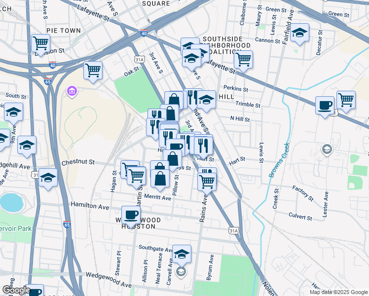 map of restaurants, bars, coffee shops, grocery stores, and more near 417 Houston Street in Nashville