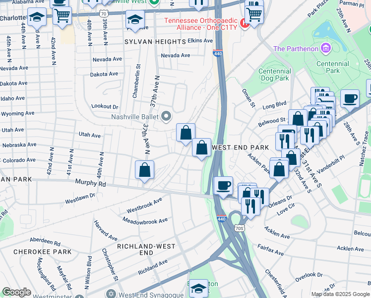 map of restaurants, bars, coffee shops, grocery stores, and more near 502 Acklen Park Drive in Nashville