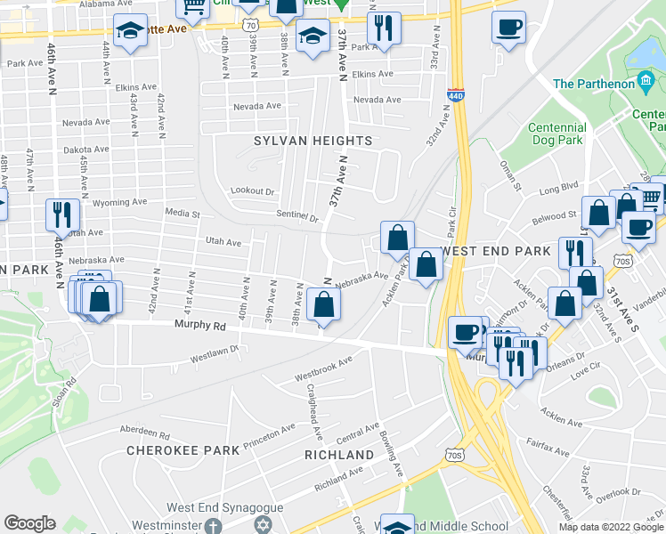 map of restaurants, bars, coffee shops, grocery stores, and more near 127 37th Avenue North in Nashville