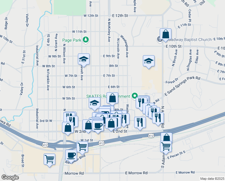 map of restaurants, bars, coffee shops, grocery stores, and more near 508 North Lincoln Avenue in Sand Springs