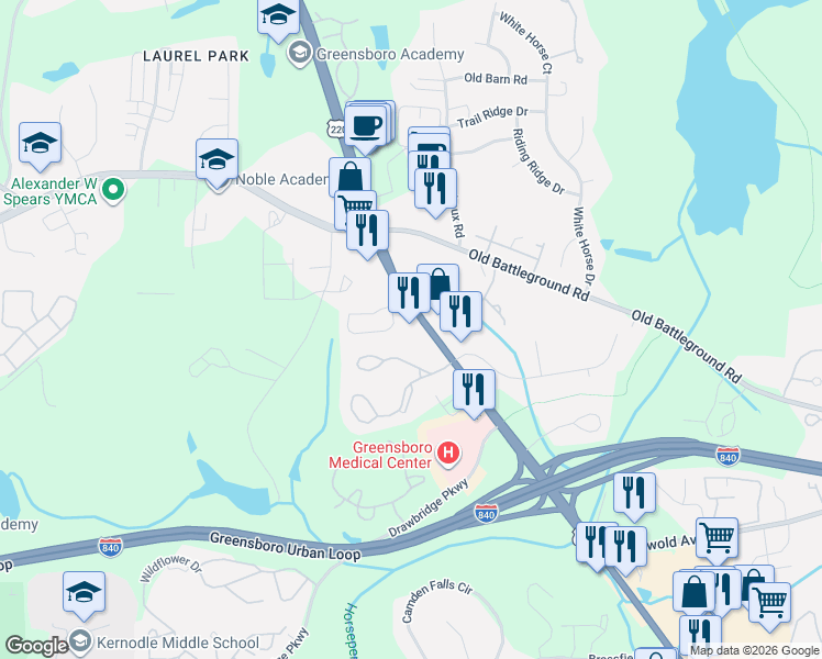 map of restaurants, bars, coffee shops, grocery stores, and more near 3915 Battleground Avenue in Greensboro