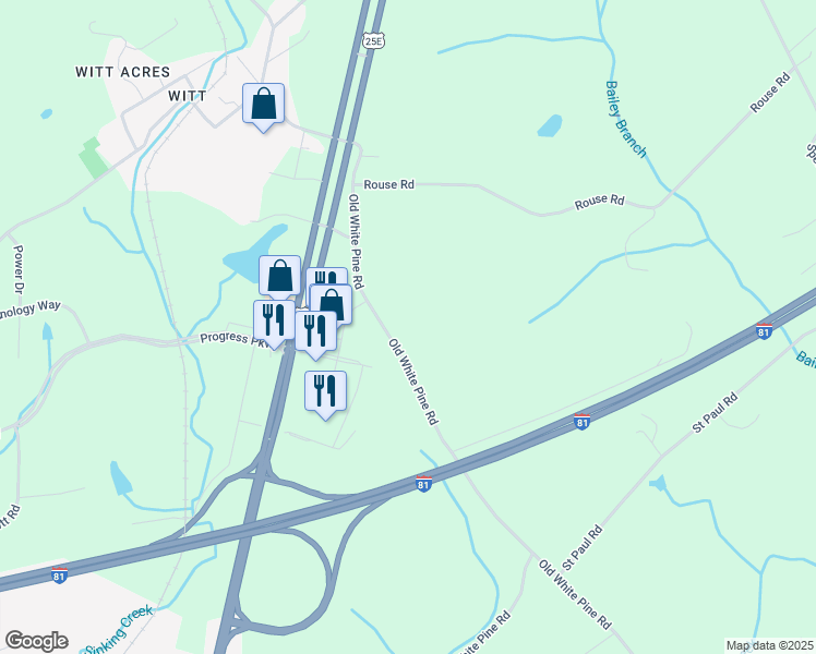 map of restaurants, bars, coffee shops, grocery stores, and more near 5217 Old White Pine Road in Morristown